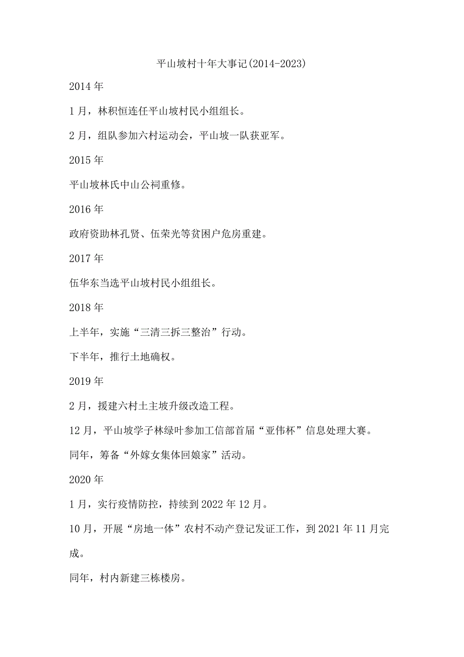 平山坡村十年大事记（2014-2023）.docx_第1页