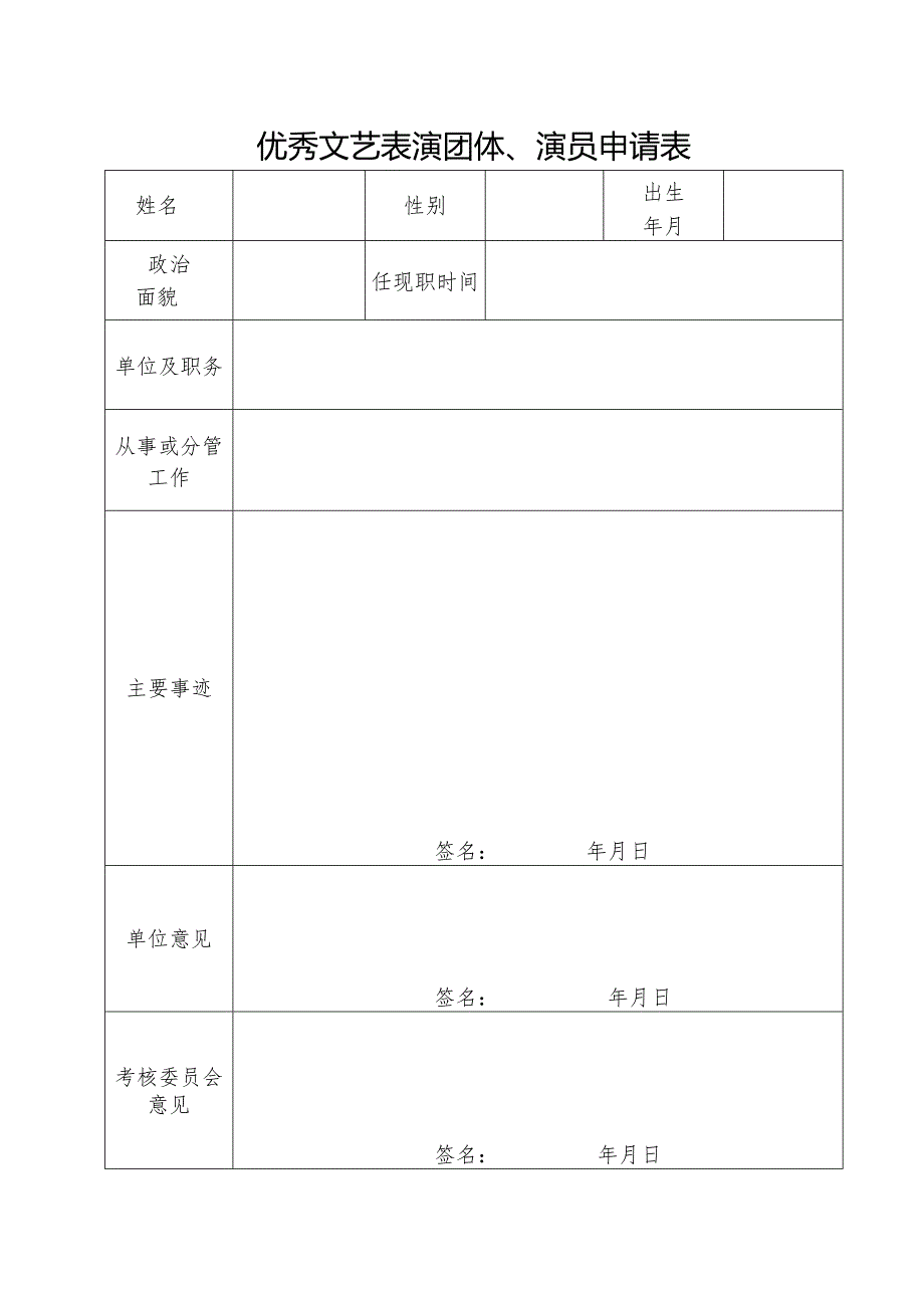 优秀文艺表演团体、演员申请表.docx_第1页