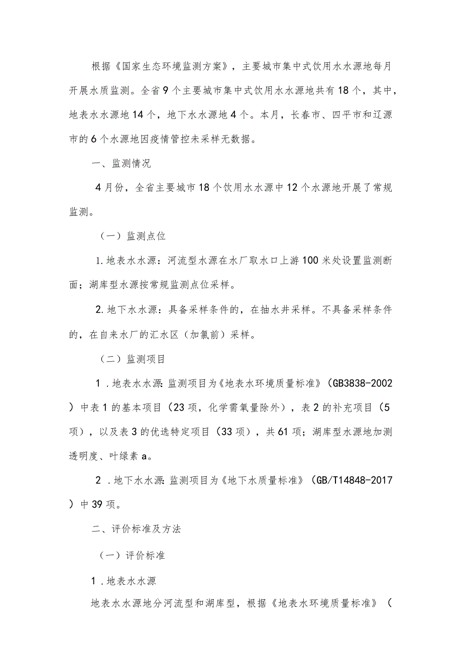 2022年4月吉林省主要城市饮用水源水质月报.docx_第1页