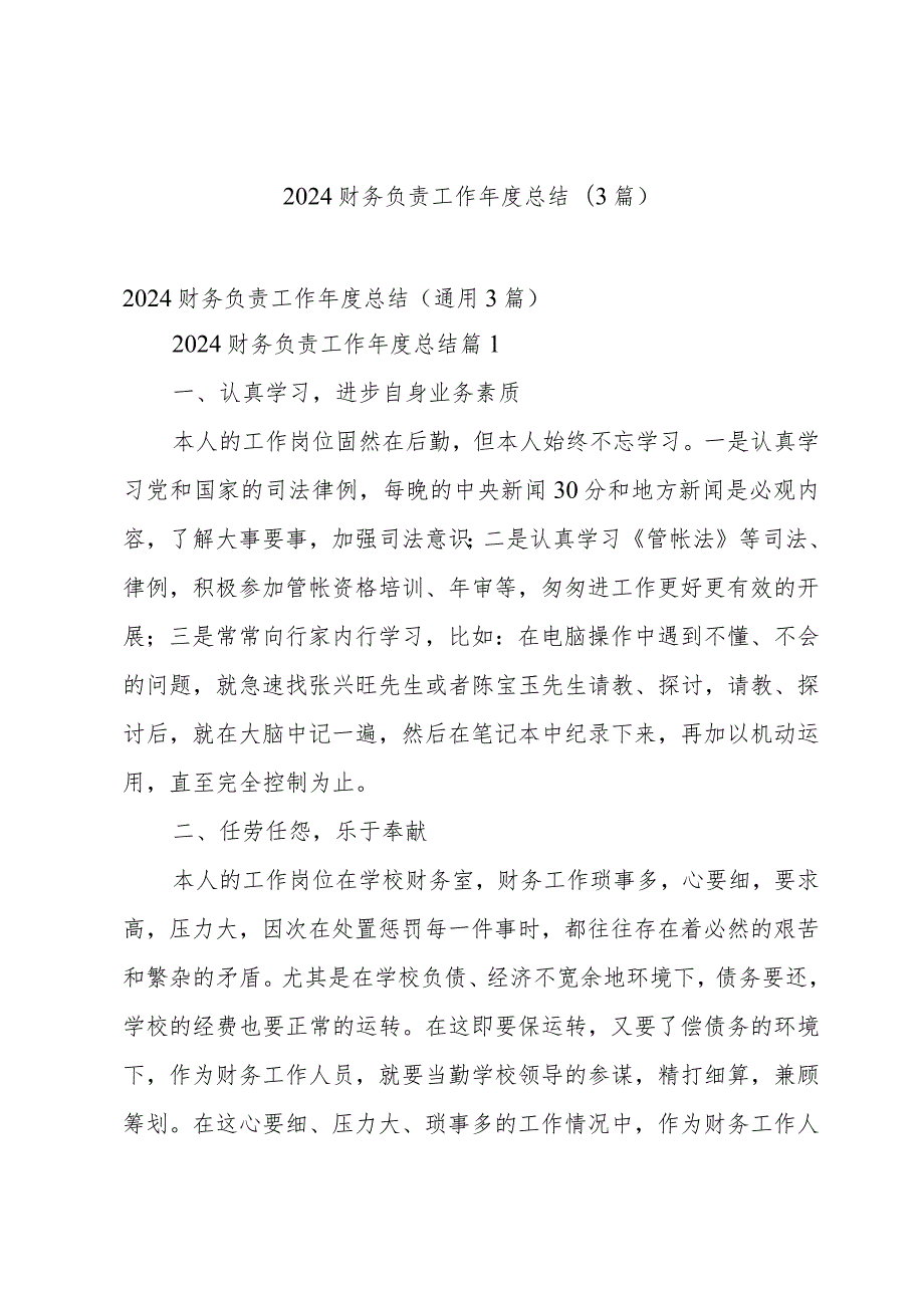 2024财务负责工作年度总结（3篇）.docx_第1页