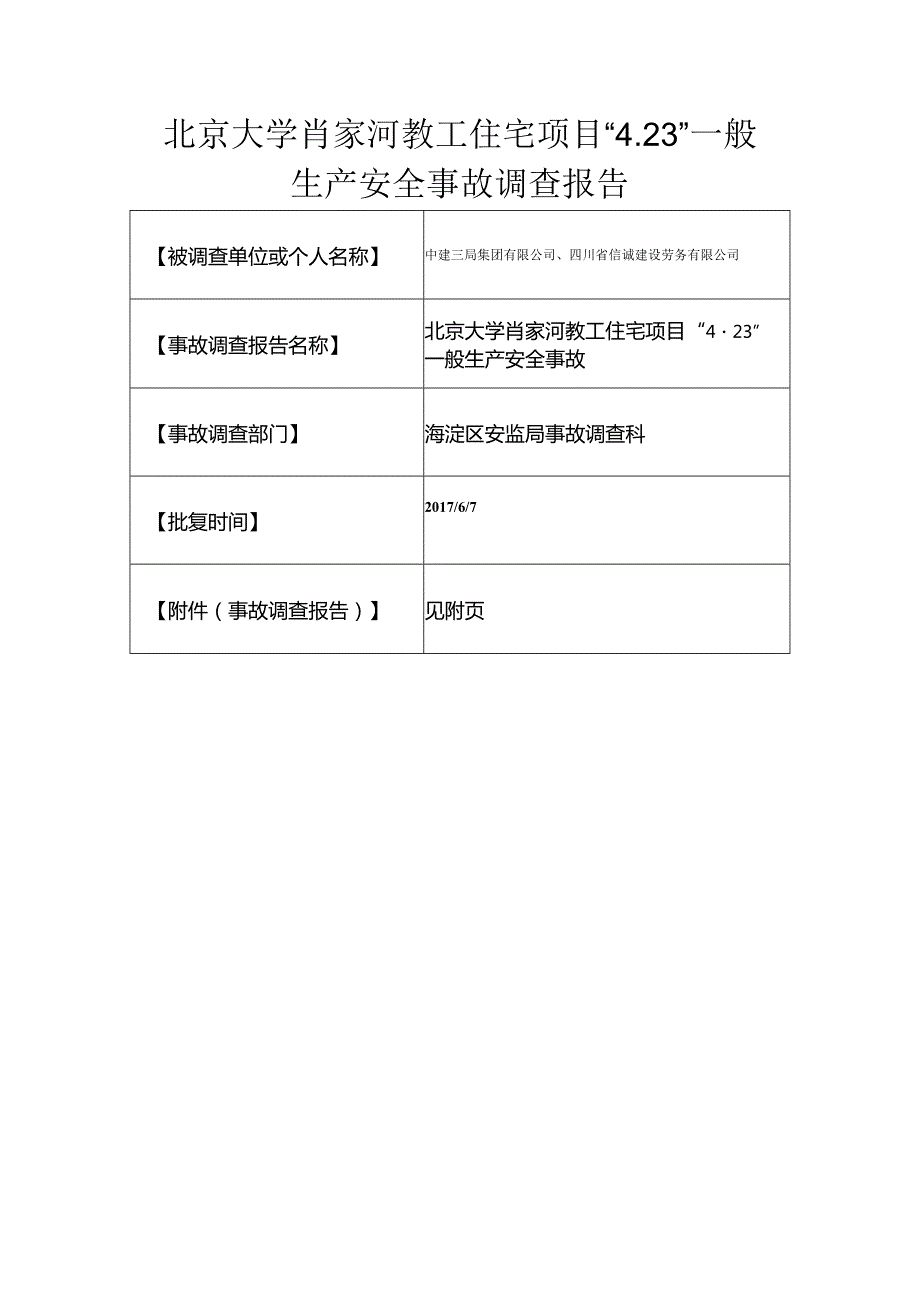 20170423-北京海淀区北京大学肖家河教工住宅项目“4.23”一般生产安全事故调查报告（物体打击）.docx_第1页