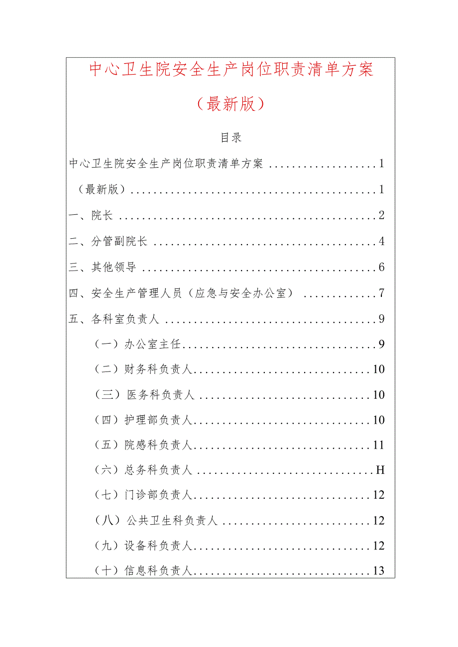 2024中心卫生院安全生产岗位职责清单方案（最新版）.docx_第1页