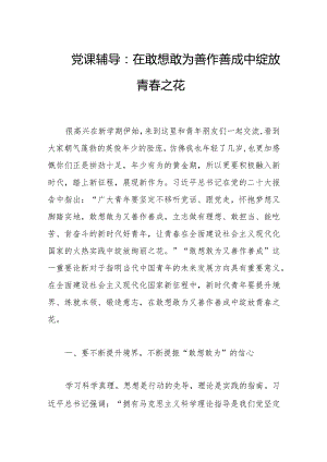 2023年学习会议精神党课辅导：在敢想敢为善作善成中绽放青春之花.docx