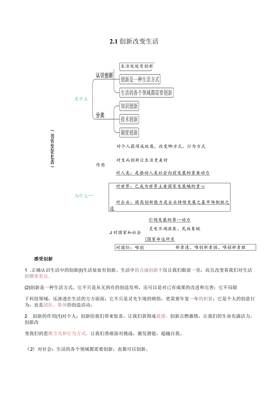 2023-2024学年九年级道德与法治上册（部编版） 2.1 创新改变生活【知识清单+提升培优练】.docx_第1页