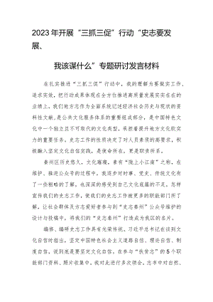 2023年“三抓三促”行动“史志要发展、我该谋什么”专题研讨发言材料.docx