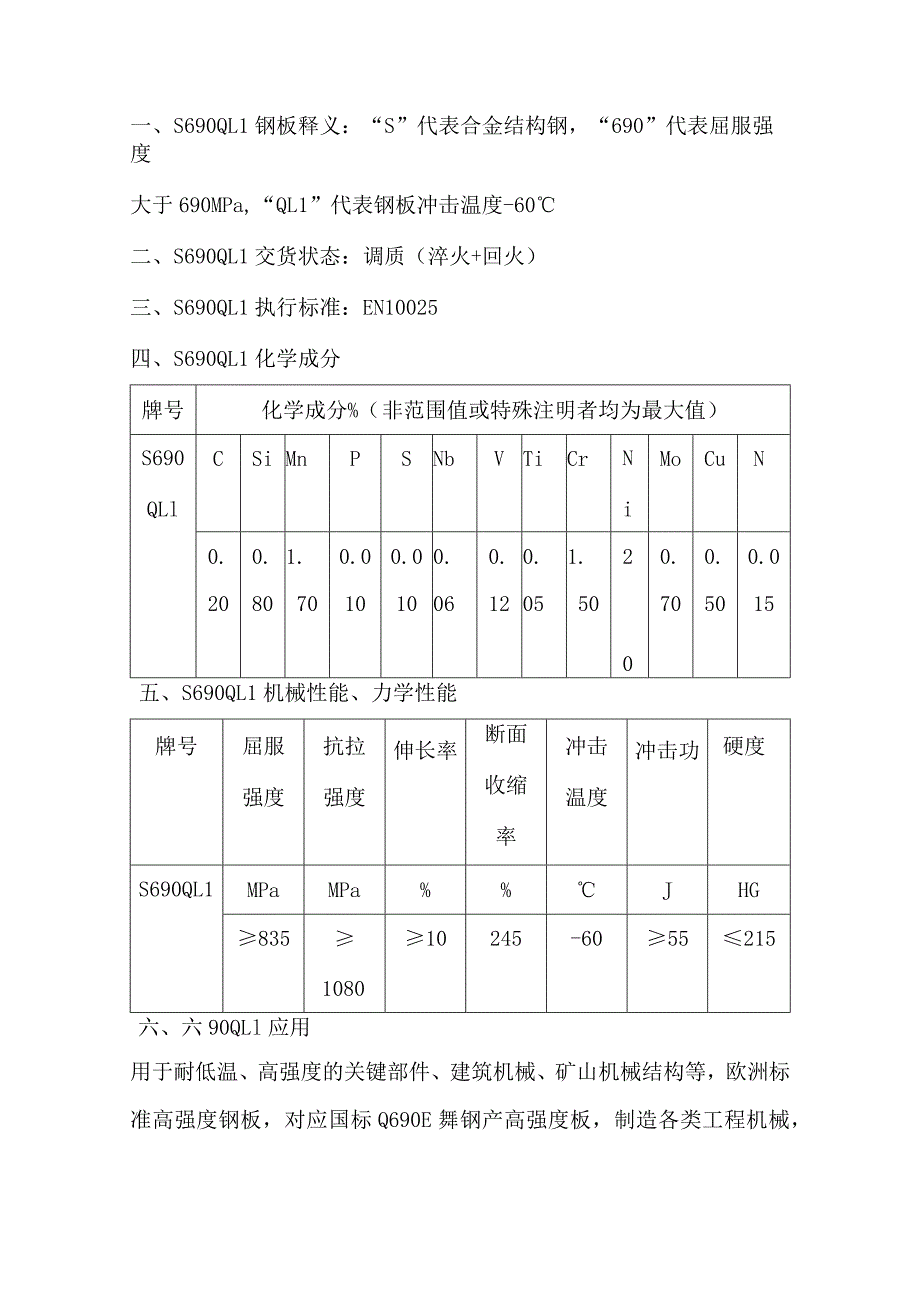 S690QL1钢板机械性能S690QL1力学性能.docx_第1页