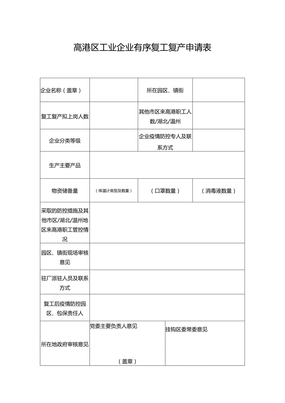 高港区工业企业复工复产申请表 -2.9后.docx_第1页