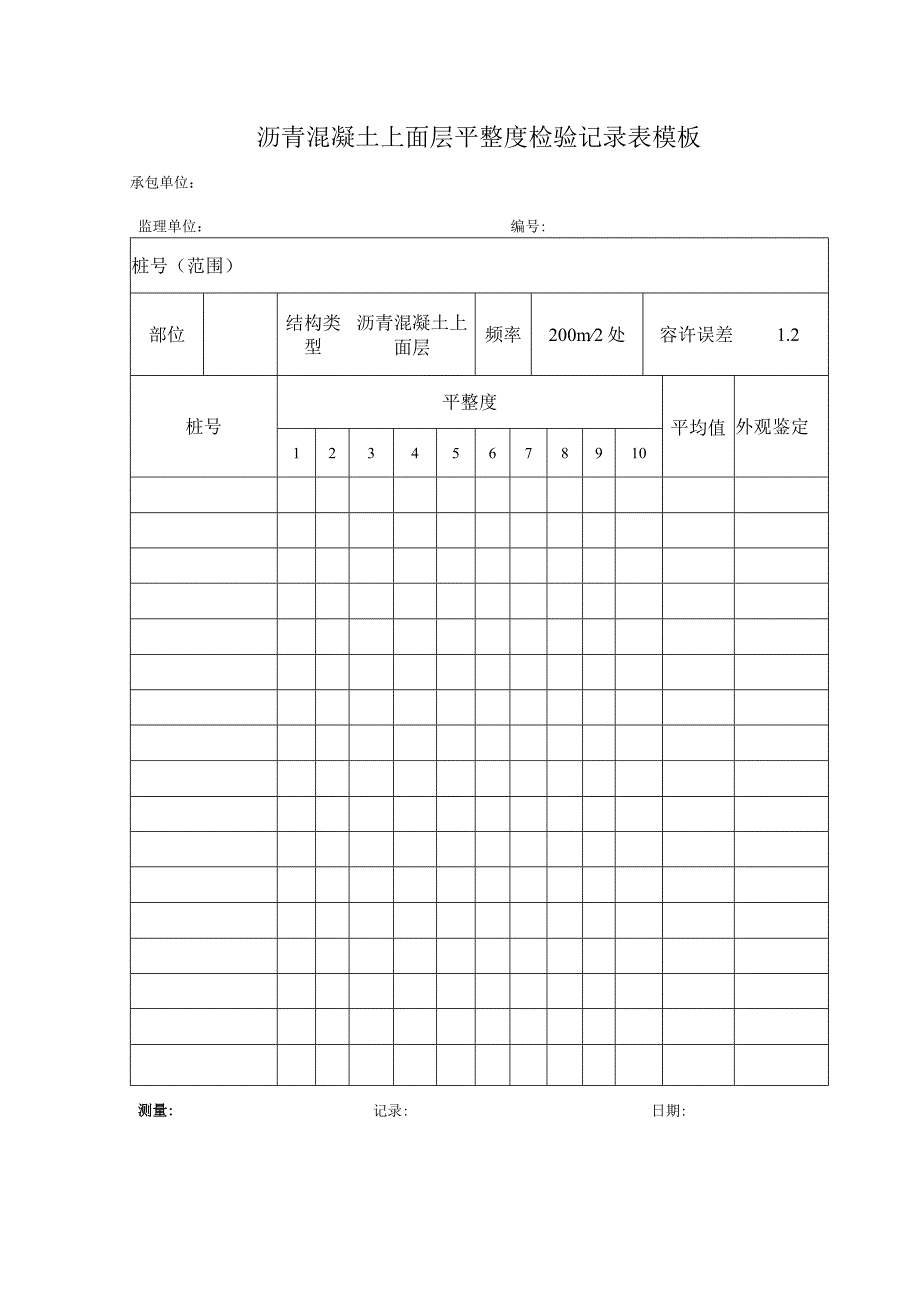 沥青混凝土上面层平整度检验记录表模板.docx_第1页