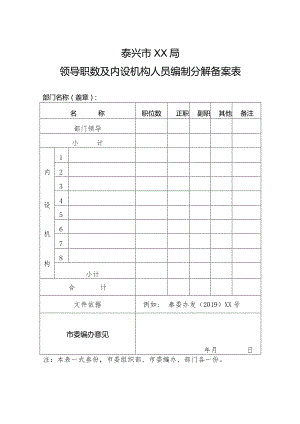 表一：泰兴市XX局领导职数及内设机构人员编制分解备案表.docx