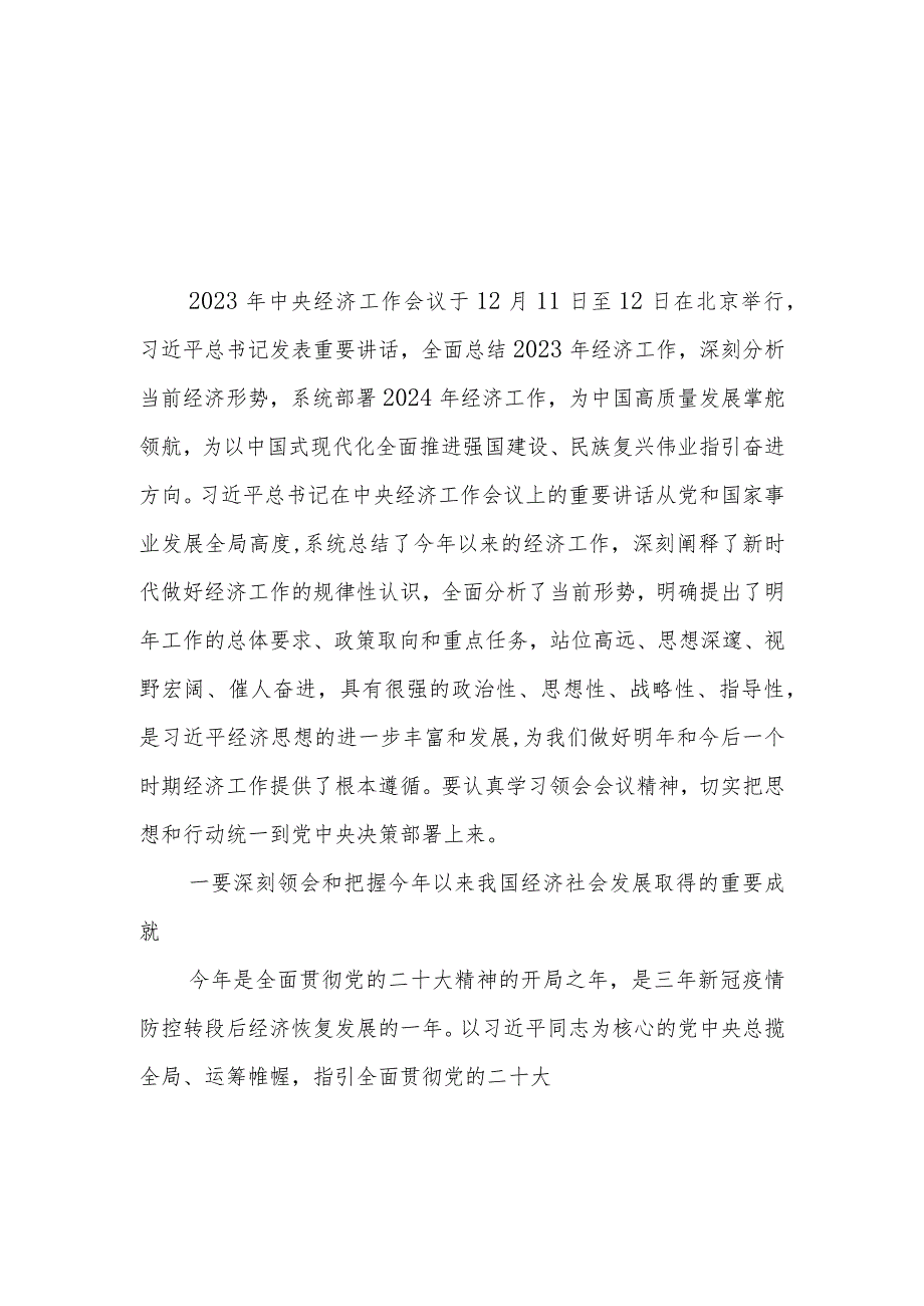 （10篇）学习贯彻2023年12月中央经济工作会议精神心得体会研讨发言材料.docx_第1页