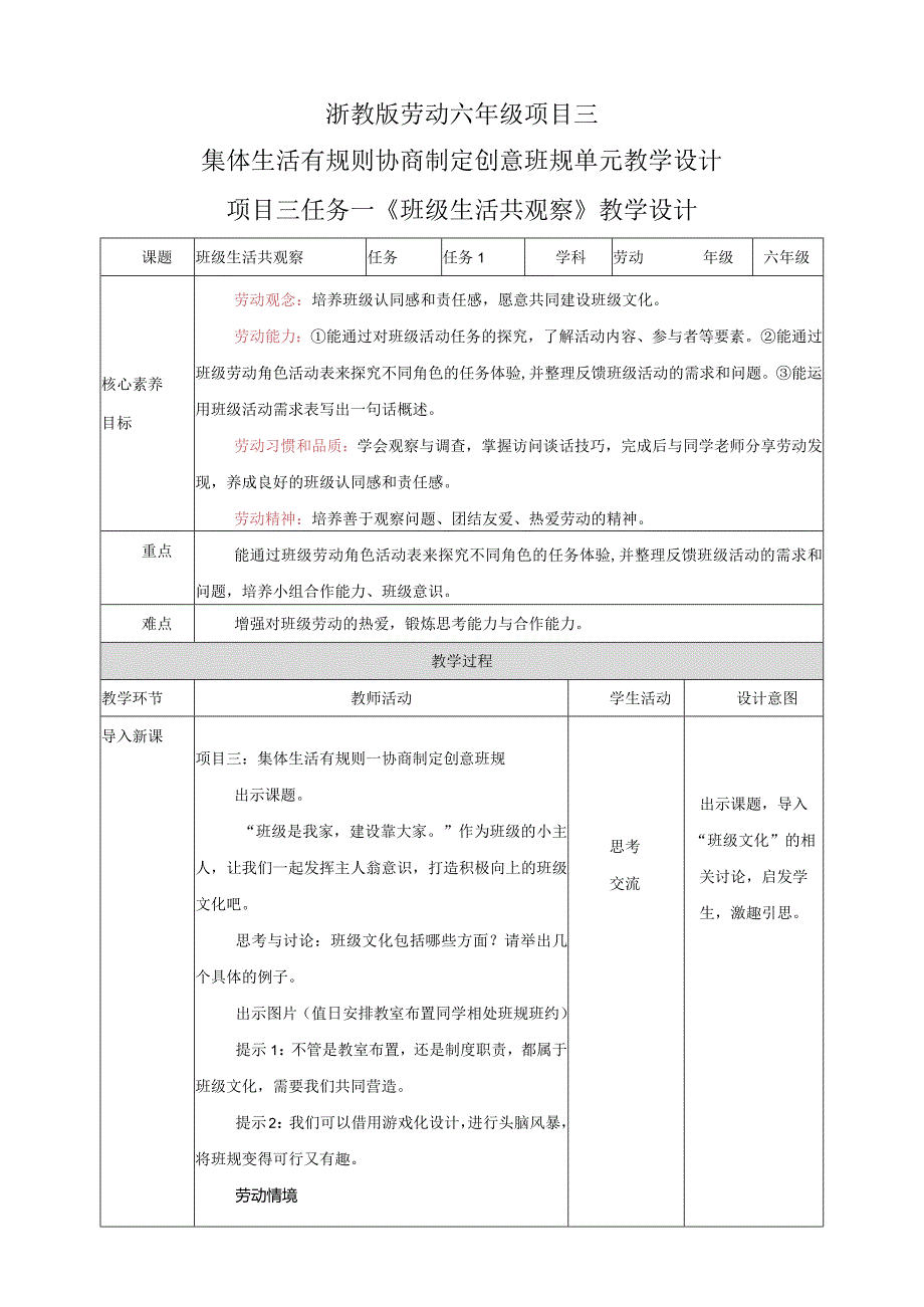 浙教版劳动六年级项目三-集体生活有规则-协商制定创意班规-单元教学设计.docx_第1页