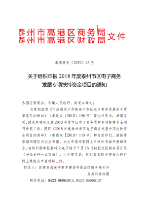 联合发文（泰高商发〔2019〕35号）《关于组织申报2018年度泰州市区电子商务扶持资金项目的通知》定稿.docx