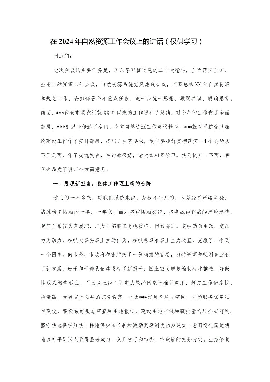 在2024年自然资源工作会议上的讲话.docx_第1页