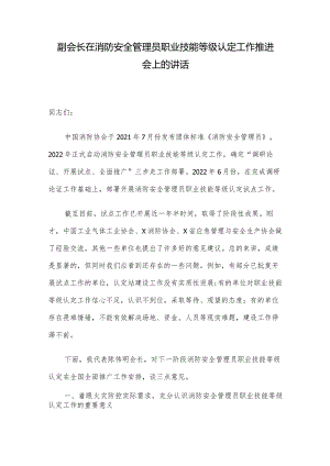 副会长在消防安全管理员职业技能等级认定工作推进会上的讲话.docx