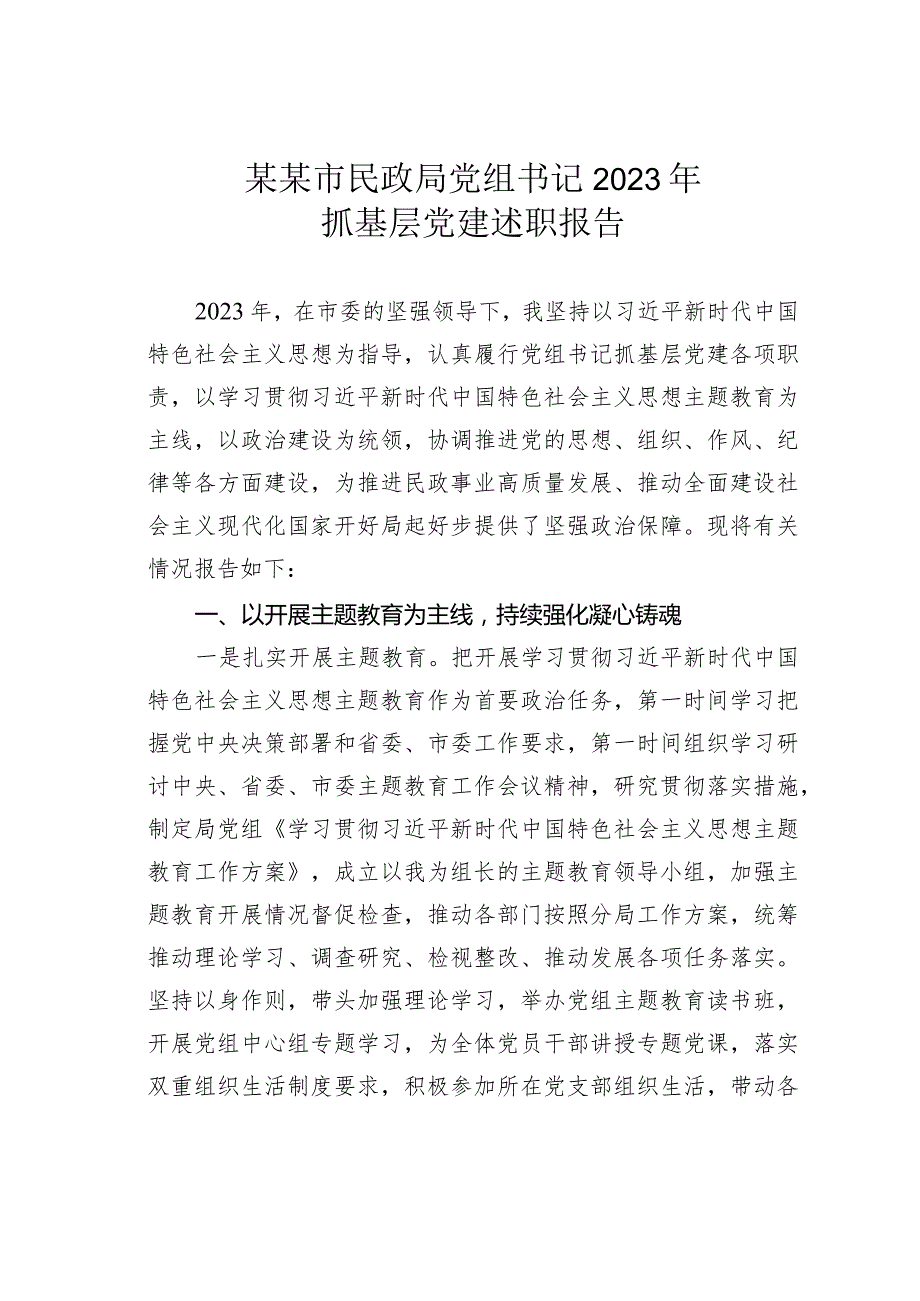 某某市民政局党组书记2023年抓基层党建述职报告.docx_第1页