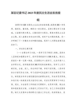 某区纪委书记2023年度民主生活会发言提纲.docx