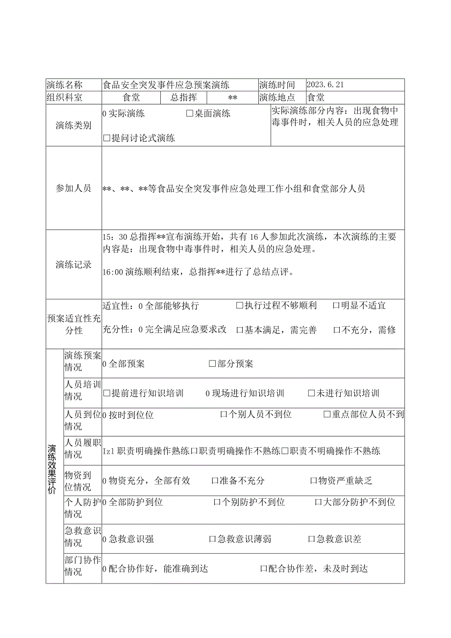 食堂安全事件应急预案演练记录及工作总结.docx_第1页