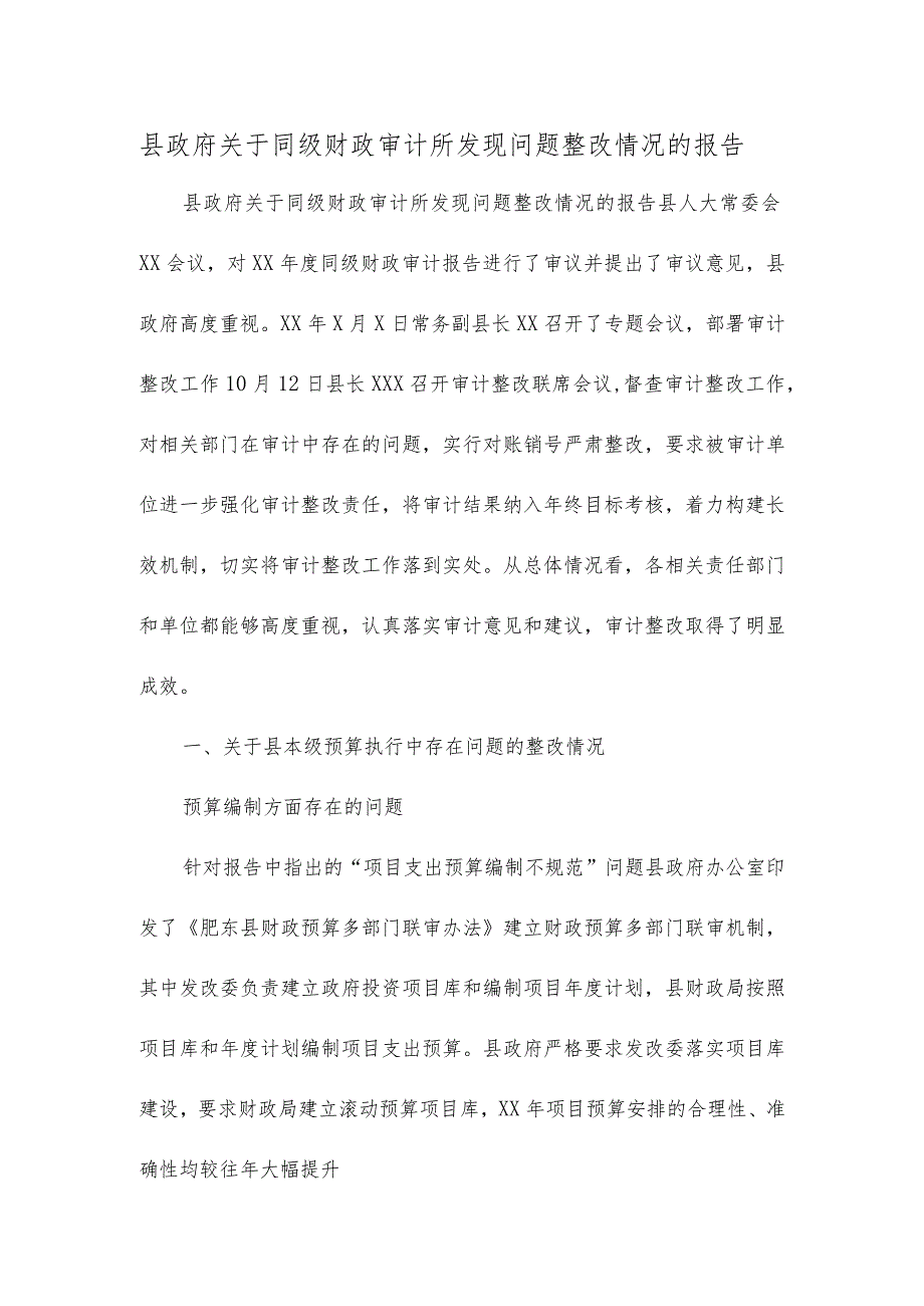 县政府关于同级财政审计所发现问题整改情况的报告.docx_第1页