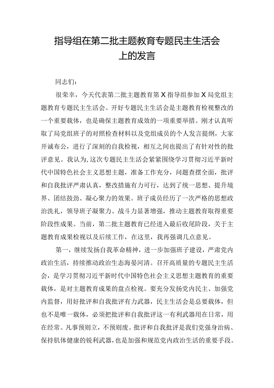 指导组在第二批主题教育专题民主生活会上的发言.docx_第1页