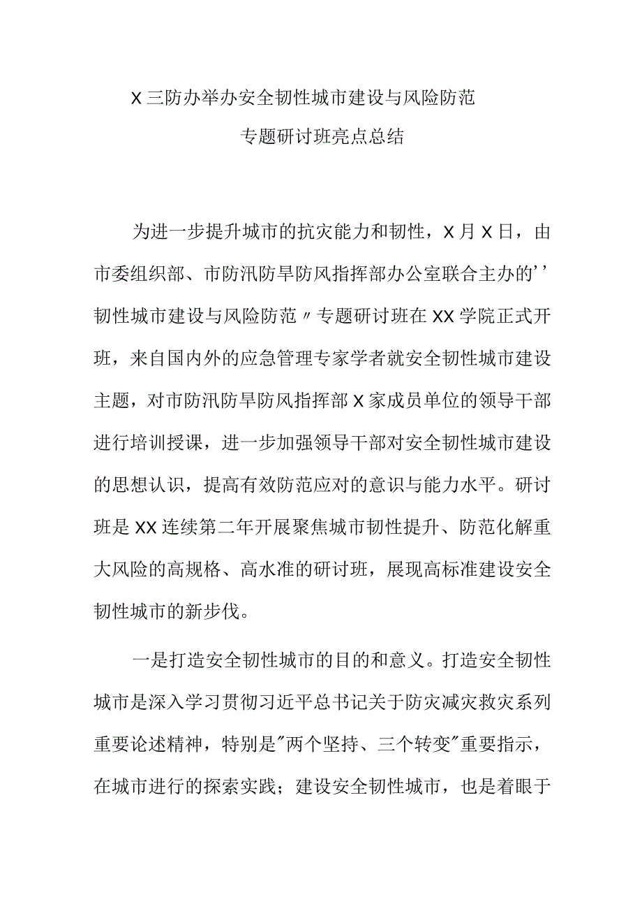 X三防办举办安全韧性城市建设与风险防范专题研讨班亮点总结.docx_第1页