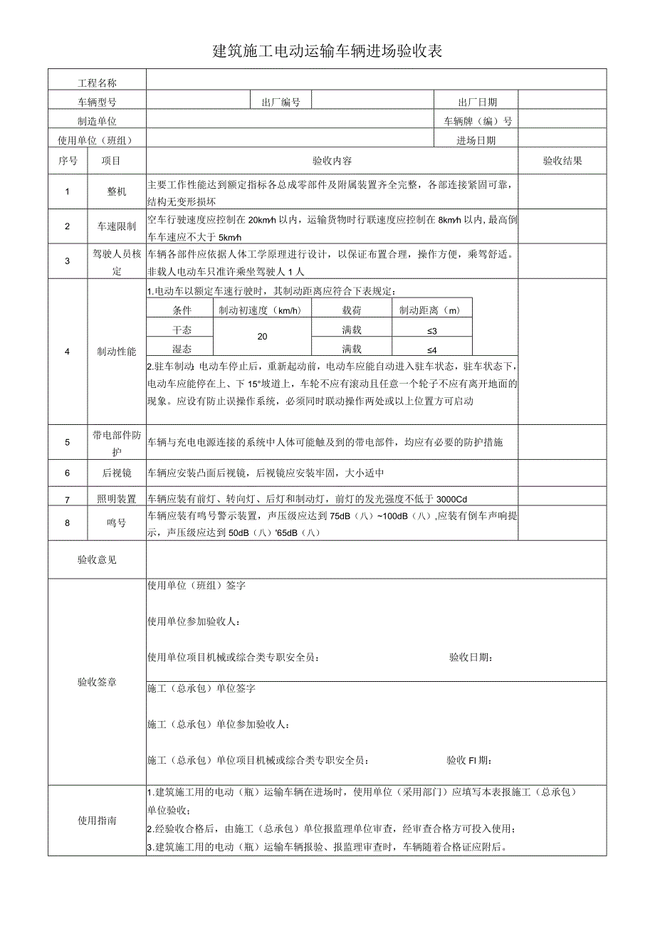 建筑施工电动运输车辆进场验收表.docx_第1页