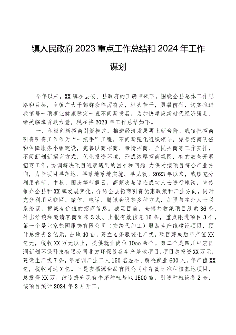 镇人民政府2023重点工作总结和2024年工作谋划.docx_第1页