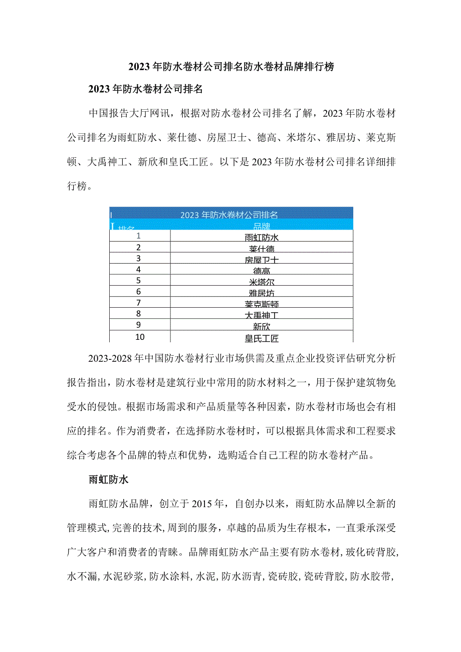 2023年防水卷材公司排名防水卷材品牌排行榜.docx_第1页