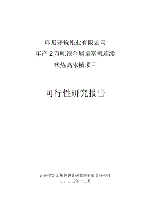 寒锐钴业：印尼寒锐镍业有限公司年产2万吨镍金属量富氧连续吹炼高冰镍项目可行性研究报告.docx