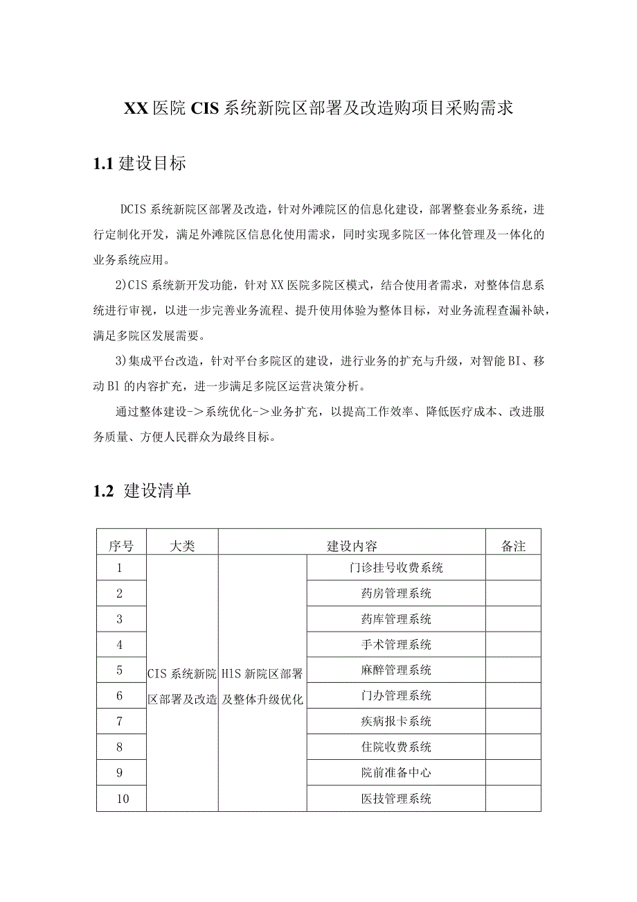 XX医院CIS系统新院区部署及改造购项目采购需求.docx_第1页