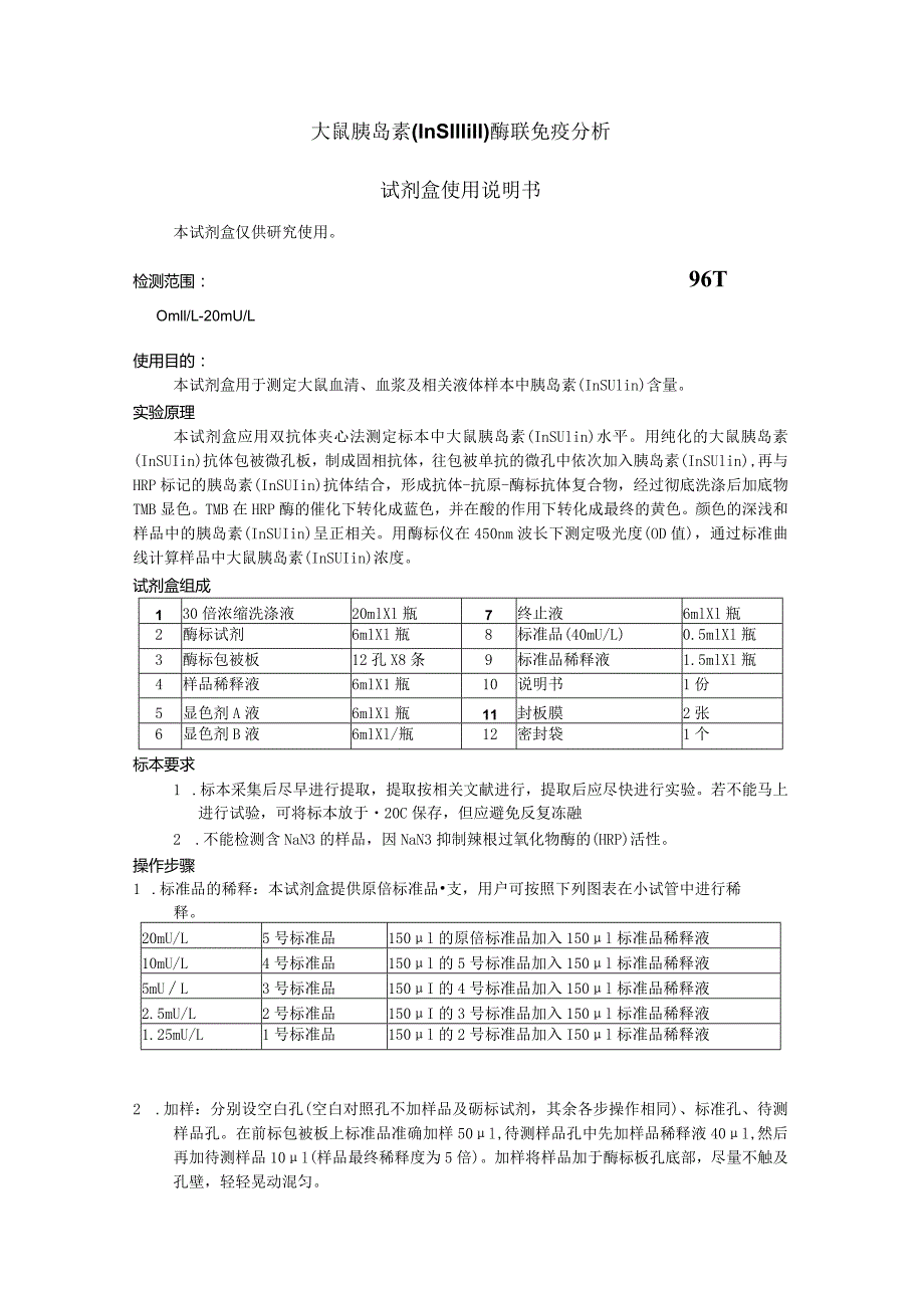 大鼠胰岛素Insulin酶联免疫分析试剂盒使用说明书.docx_第1页