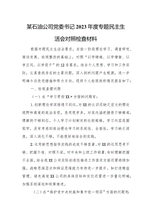 某石油公司党委书记2023年度专题民主生活会对照检查材料.docx