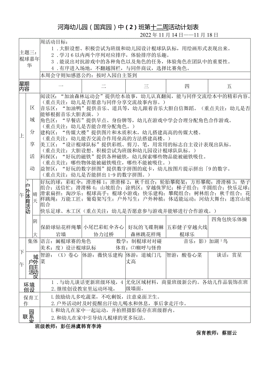 河海幼儿园国宾园中2班第十二周活动计划表.docx_第1页