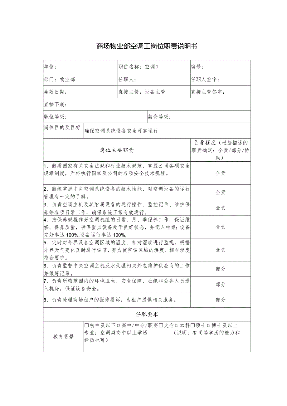 商场物业部空调工岗位职责说明书.docx_第1页