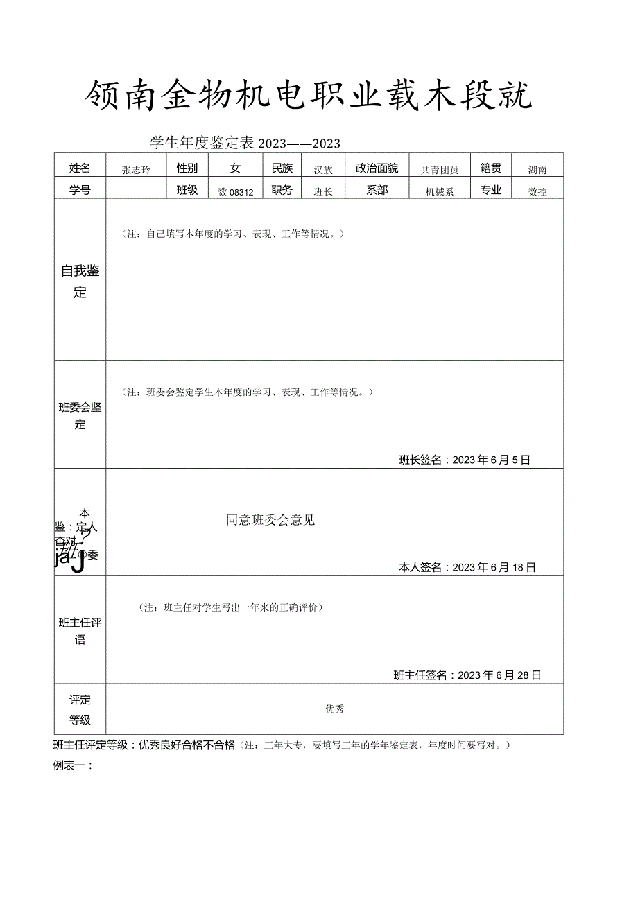 年度鉴定表和毕业生登记表样表.docx_第1页