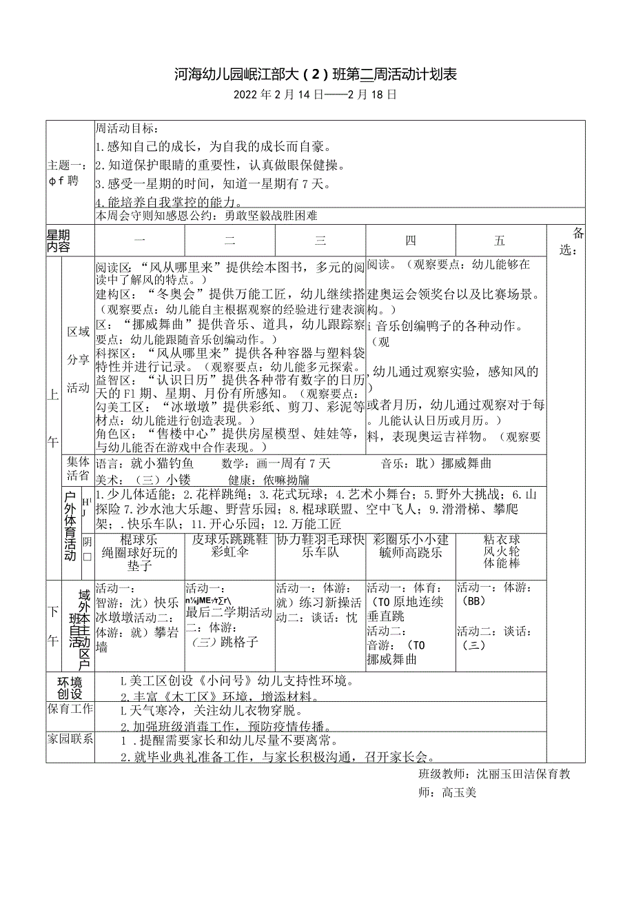 河海幼儿园岷江部大2班第二周活动计划表.docx_第1页