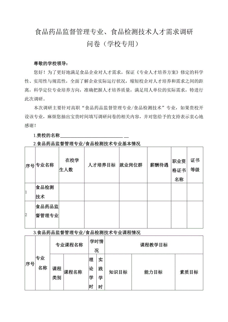 食品药品监督管理专业、食品检测技术人才需求调研问卷（学校专用）.docx_第1页