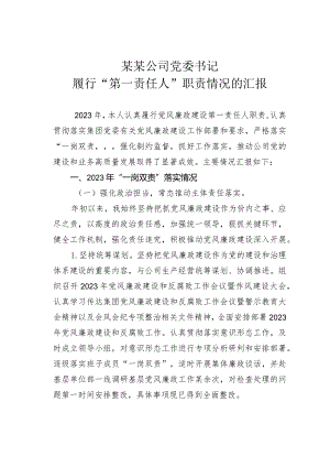 某某公司党委书记履行“第一责任人”职责情况的汇报.docx