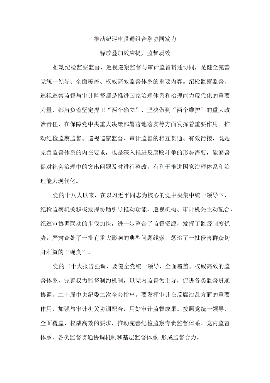 推动纪巡审贯通组合拳协同发力 释放叠加效应提升监督质效.docx_第1页