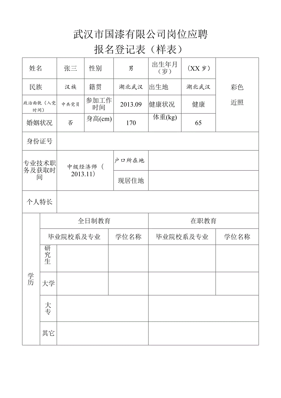 武汉市国漆有限公司岗位应聘报名登记表样表.docx_第1页