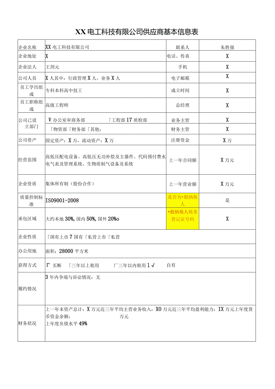 XX电工科技有限公司供应商基本信息表（2024年）.docx_第1页