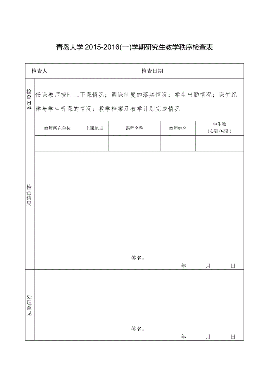 青岛大学2015-2016一学期研究生教学秩序检查表.docx_第1页