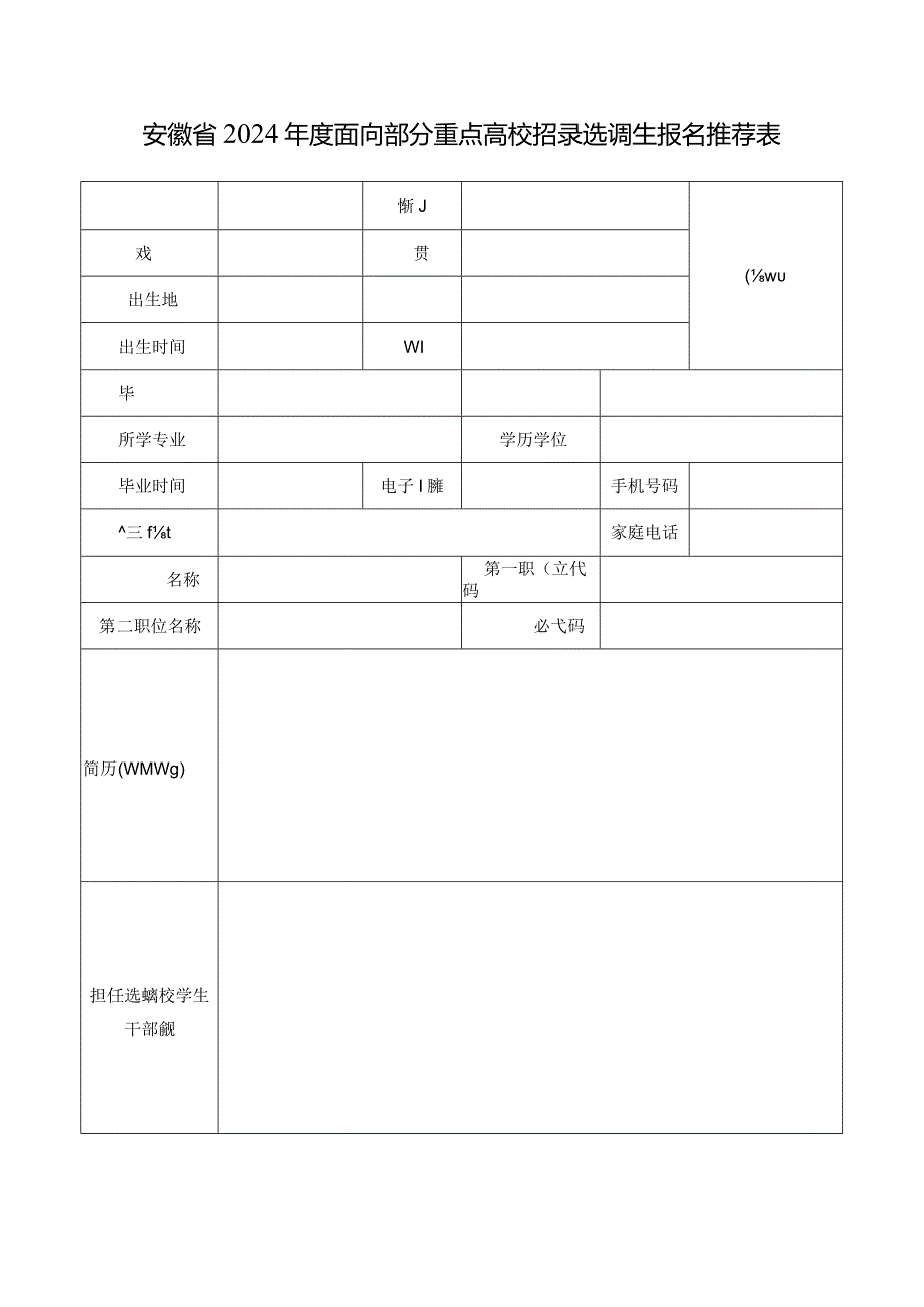 安徽省2024年度面向部分重点高校招录选调生报名推荐表.docx_第1页