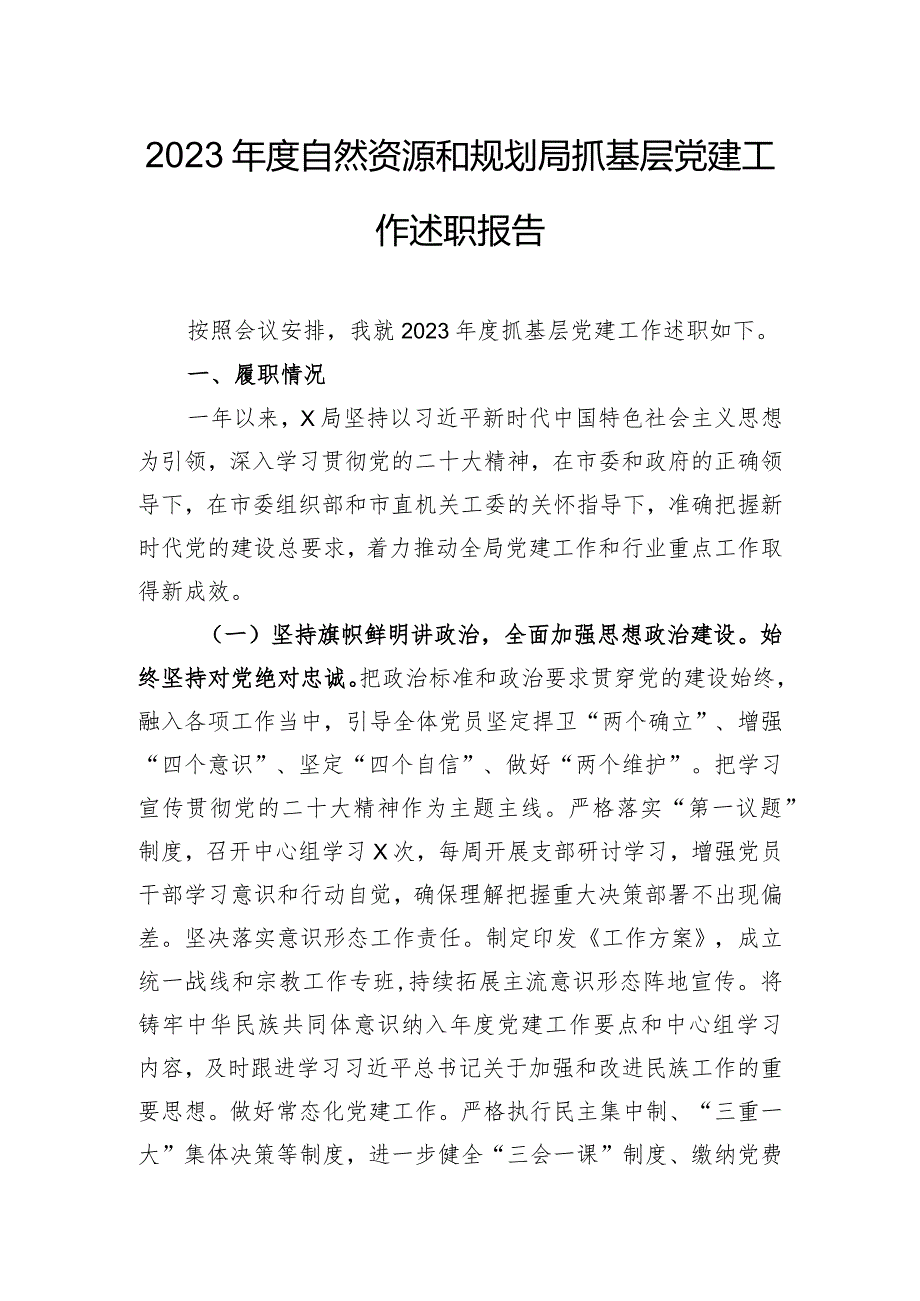 2023年度自然资源和规划局抓基层党建工作述职报告.docx_第1页