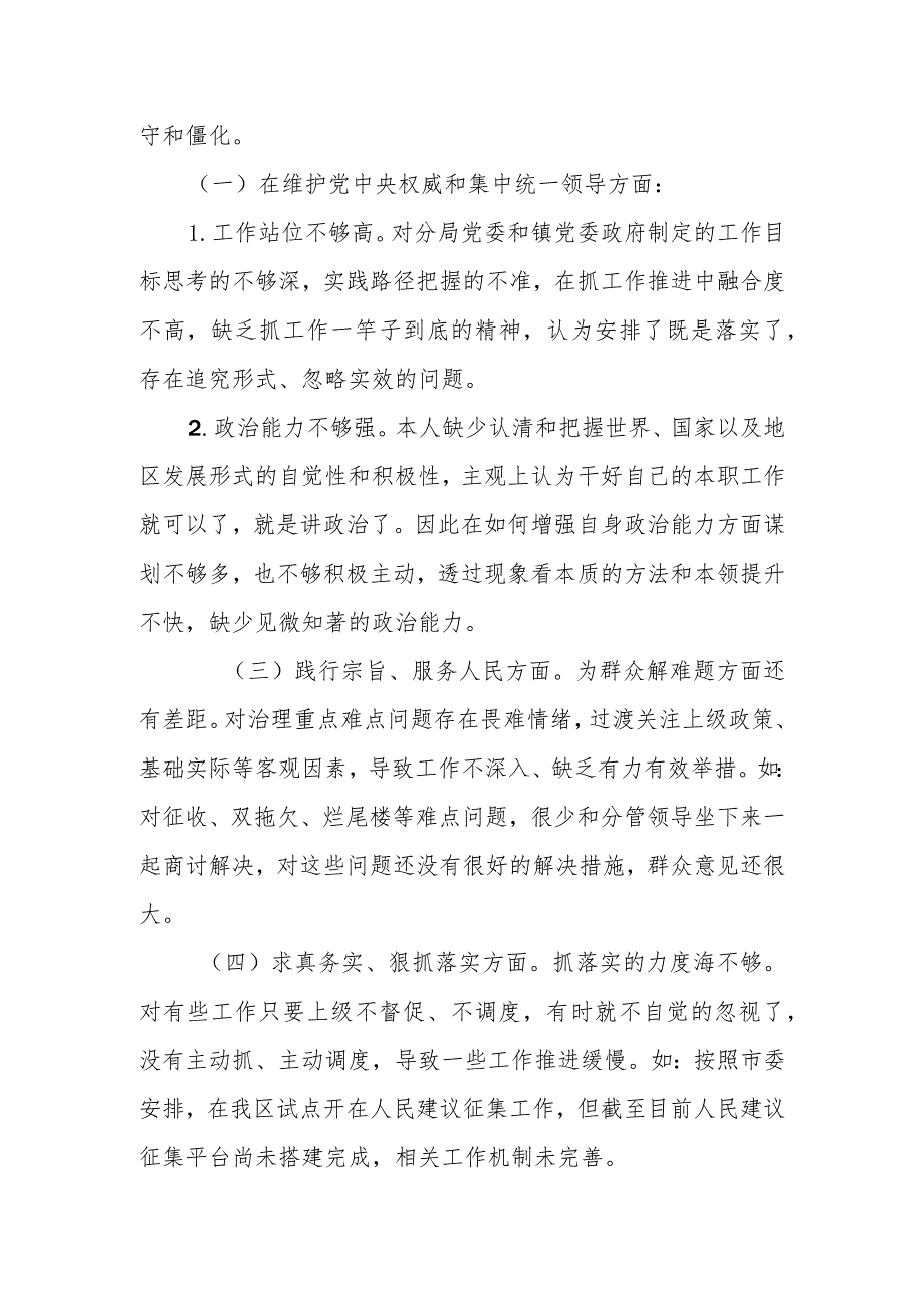 副镇长2024年度(狠抓落实方面、廉洁自律、服务人民方面、履行全面从严治党责任方面)等六个方面专题民主生活会发言材料.docx_第2页