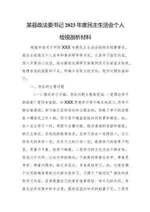 某县政法委书记2023年度民主生活会个人检视剖析材料.docx