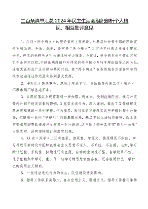 二百条清单汇总2024年民主生活会组织剖析个人检视、相互批评意见.docx