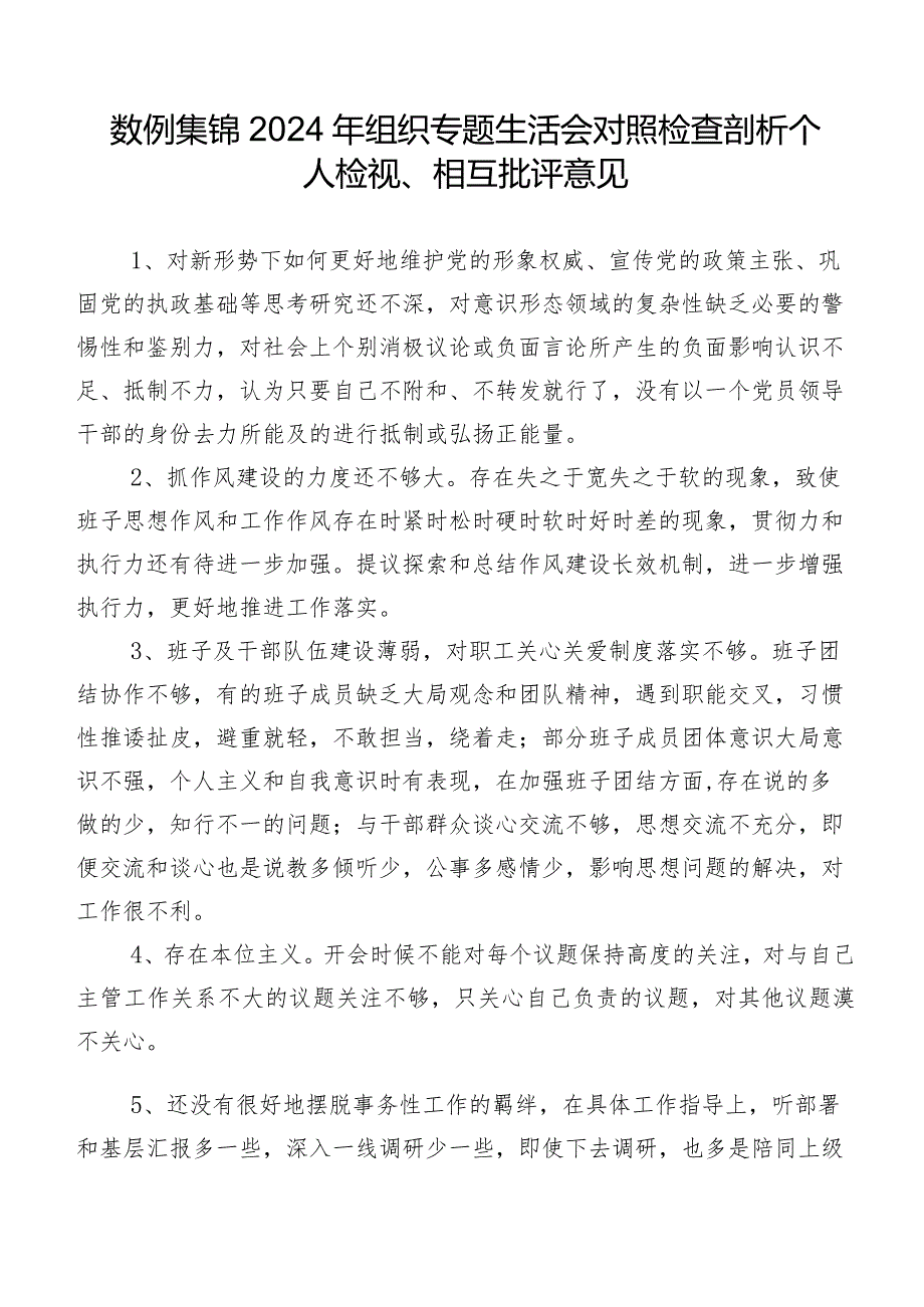 数例集锦2024年组织专题生活会对照检查剖析个人检视、相互批评意见.docx_第1页