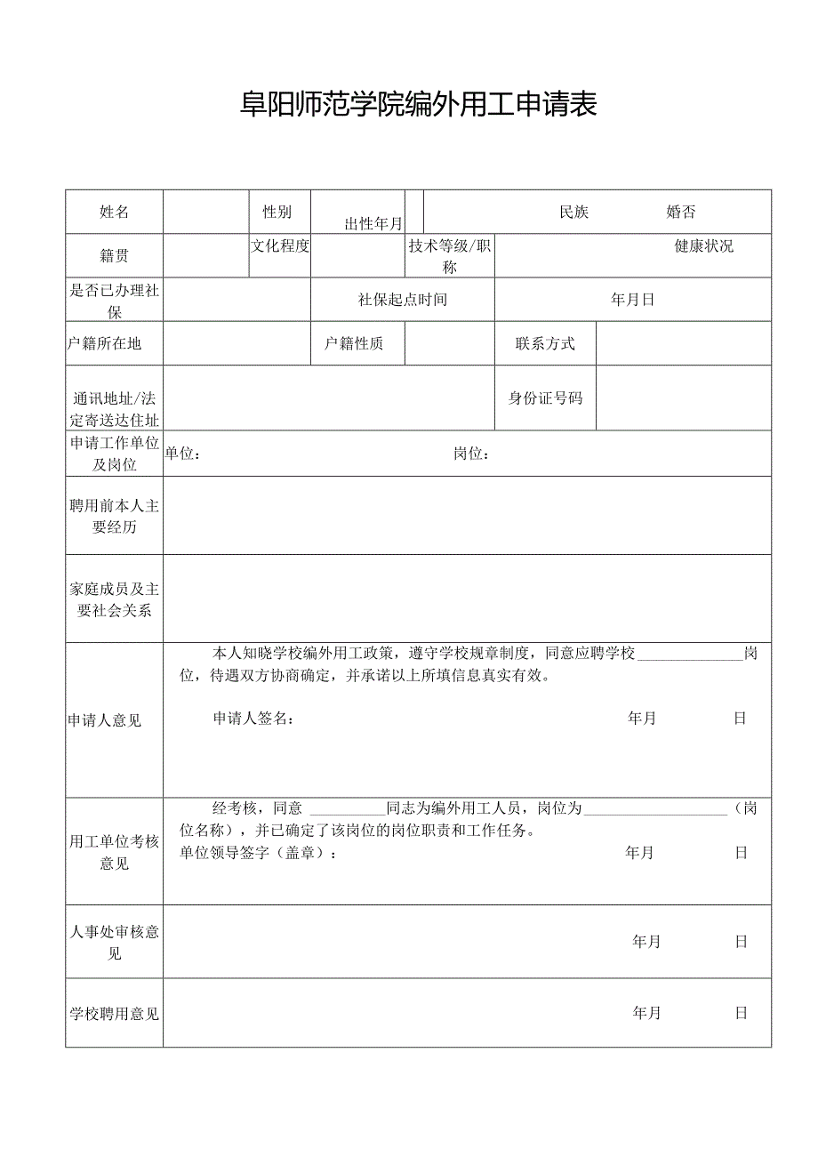 阜阳师范学院编外用工申请表.docx_第1页