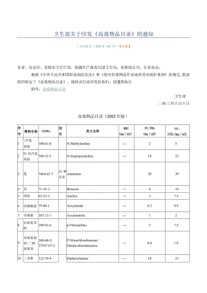 卫法监发[2003]142号卫生部关于印发《高毒物品目录》的通知.docx