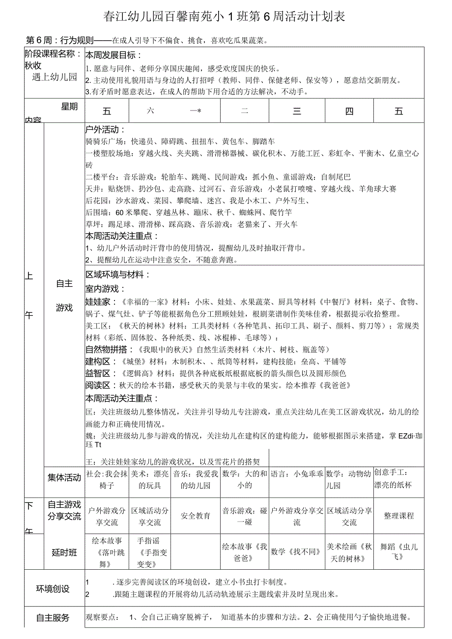 春江幼儿园百馨南苑小1班第6周活动计划表.docx_第1页